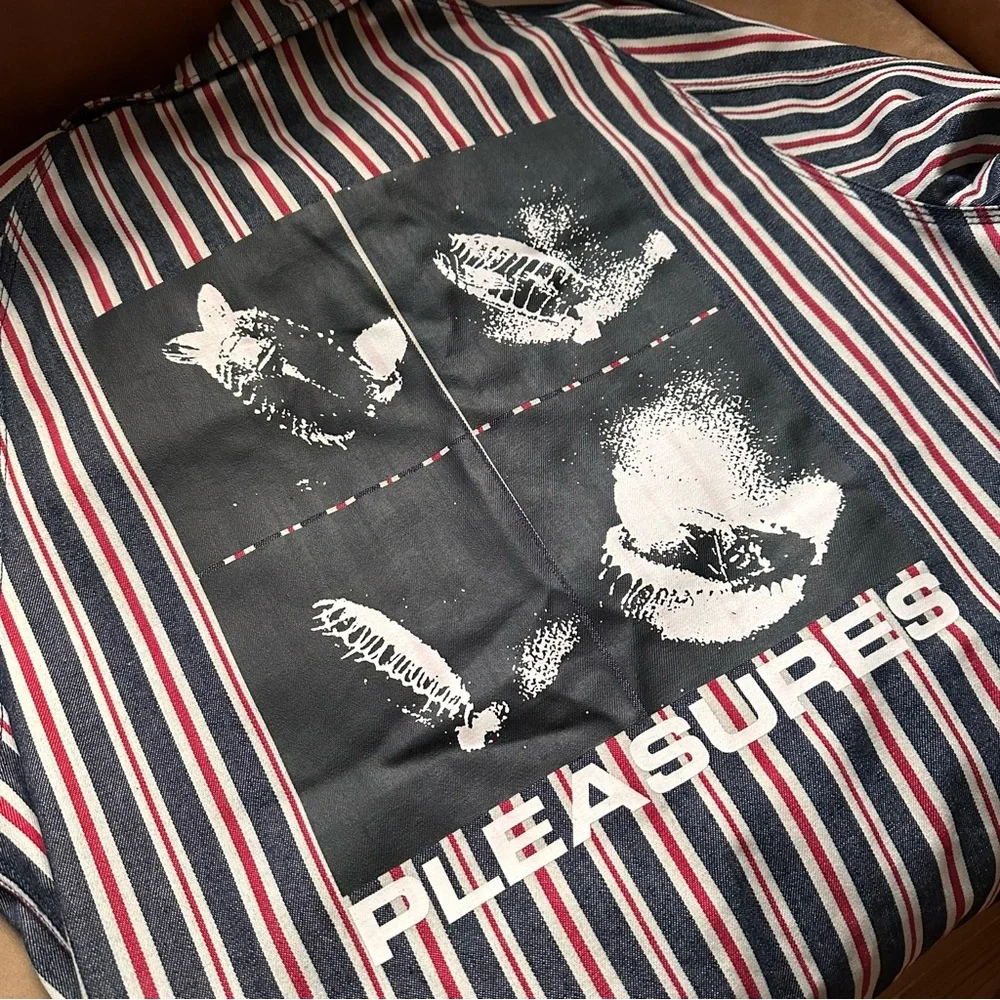 PLEASURES striped chore jacket over shirt shacket denim red printed graphic - Picture 6 of 11